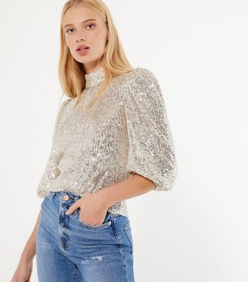 Silver Sequin High Neck Puff Sleeve Top ...